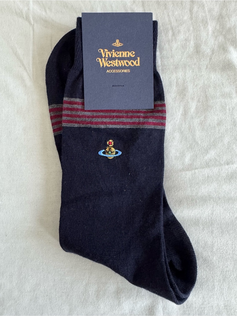 Vivienne Westwood Black Socks with Burgundy Stripe and Orb Motif